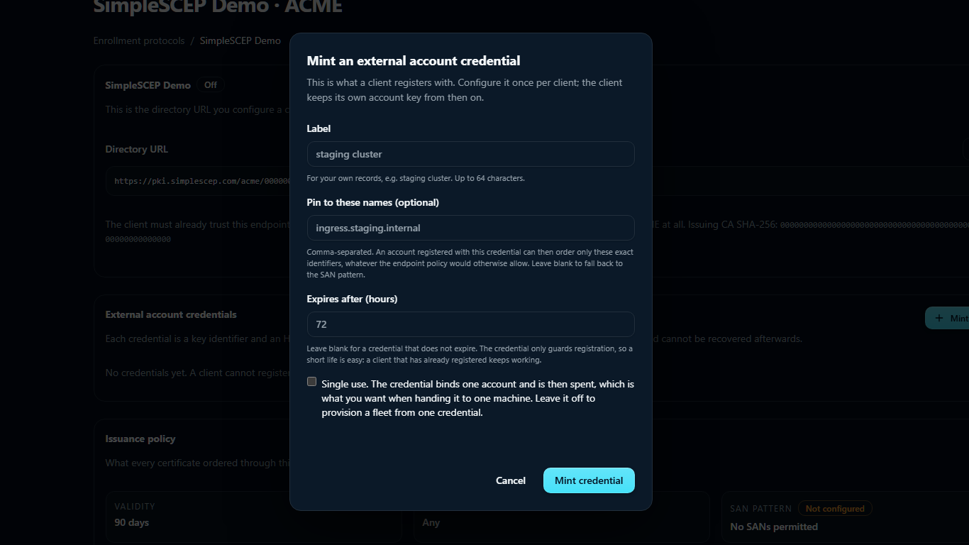 The Mint an external account credential dialog