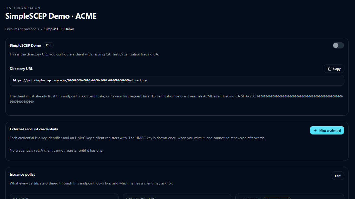 An ACME endpoint page, with directory URL and external account credentials