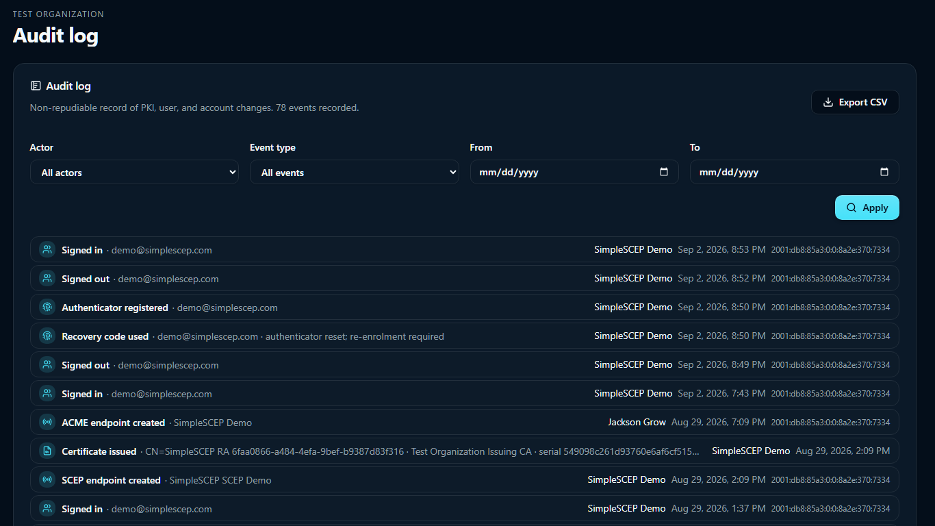 The audit log filtered by actor and event type, with Export CSV