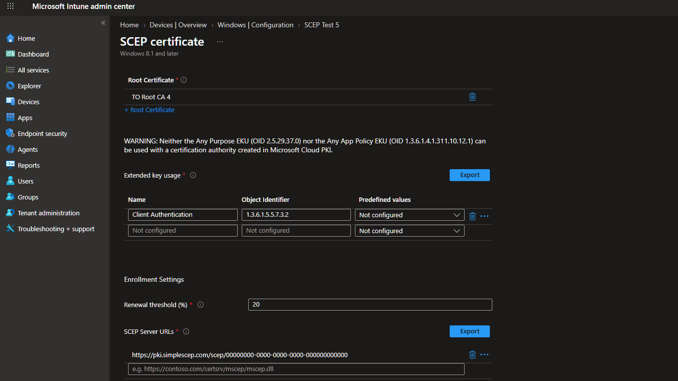 The root certificate, extended key usage, and SCEP Server URL for a device certificate profile
