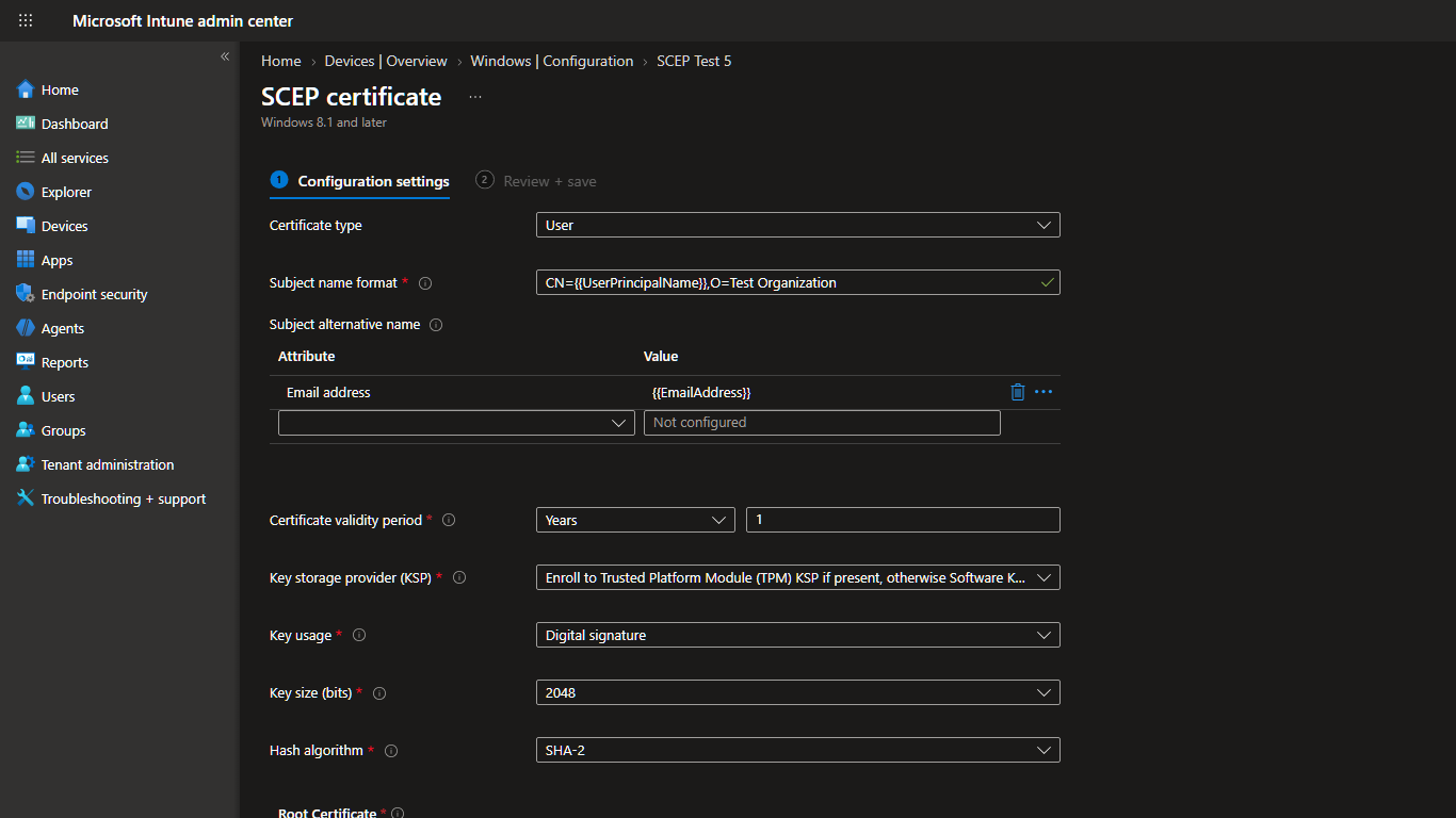 The top of a SCEP certificate profile configured for a user certificate