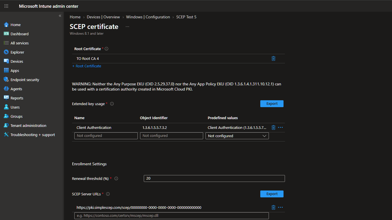 The root certificate, extended key usage, and SCEP Server URL for a user certificate profile