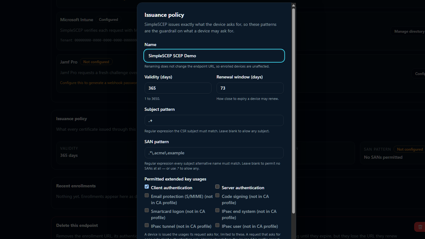 An endpoint's permitted key usages, with usages the CA cannot carry shown disabled
