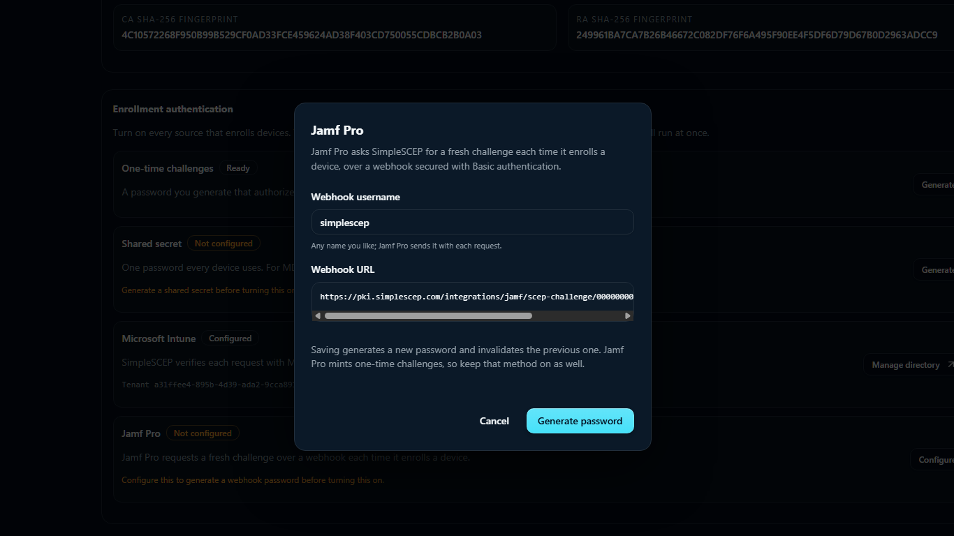 The Jamf Pro dialog, with the webhook URL and the password shown once