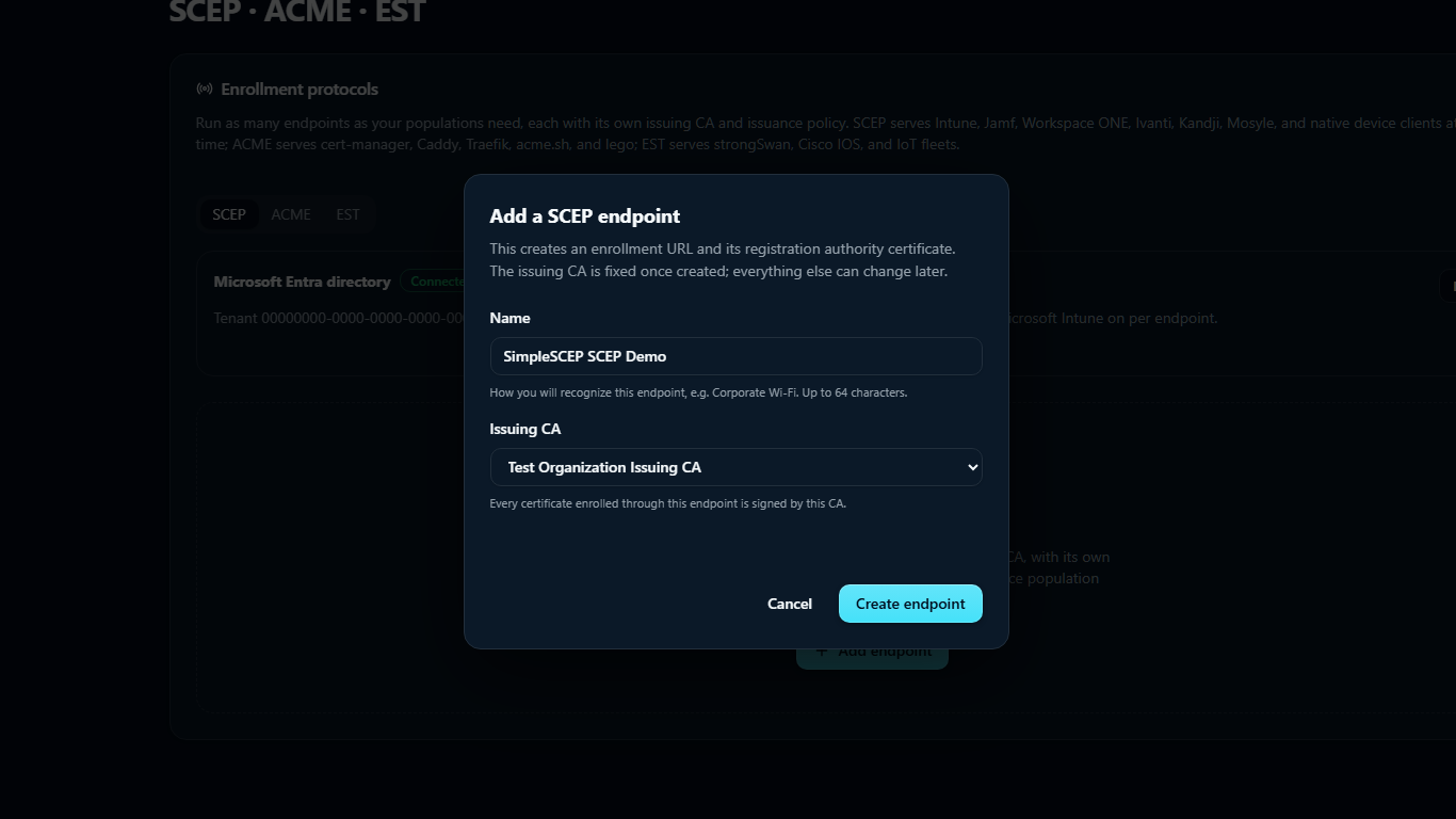 The Add a SCEP endpoint dialog