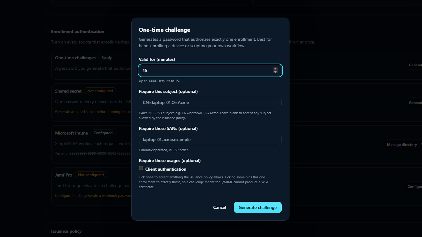 The One-time challenge dialog, with its optional pinning fields