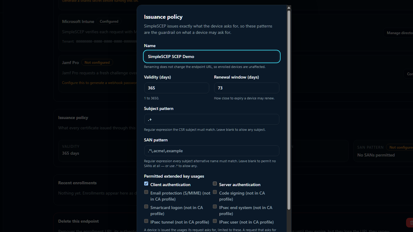 The Issuance policy dialog for a SCEP endpoint